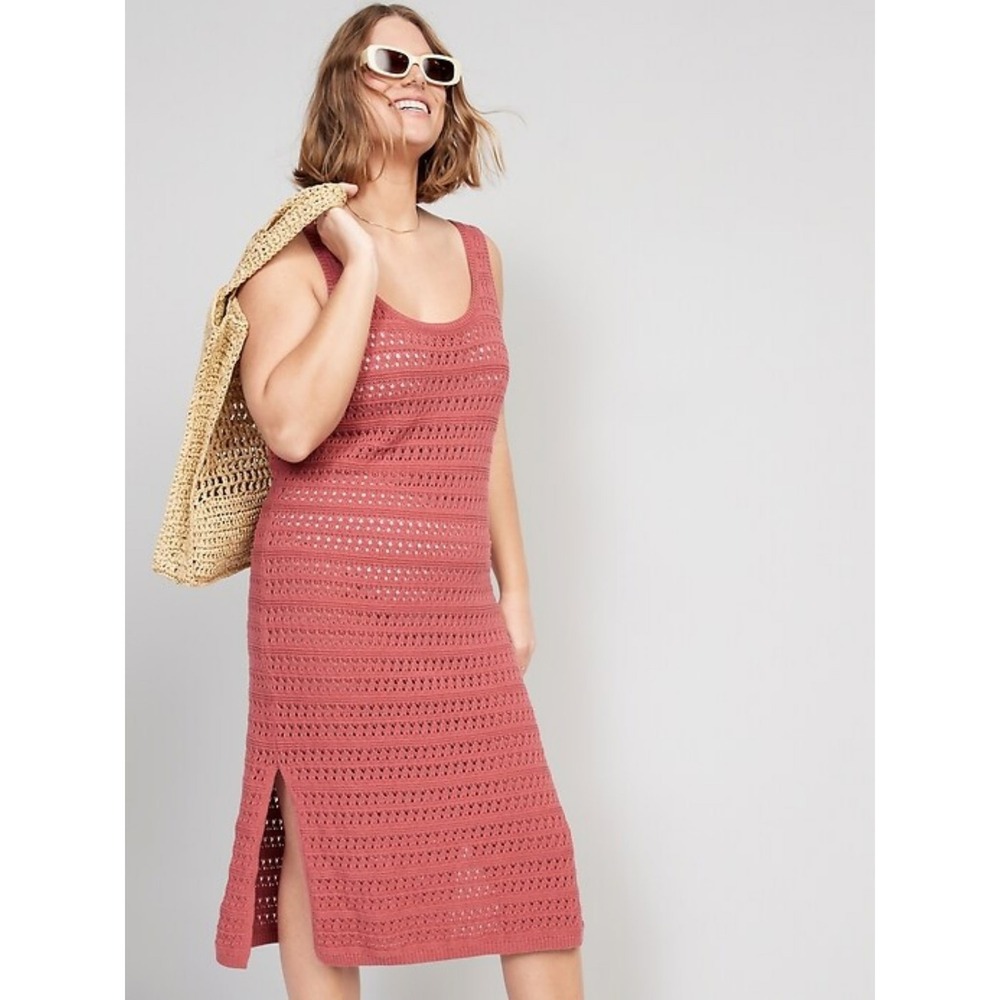 Old Navy Womens Large Crochet Midi Dress Rust Orange‎ Excellent Boho Pointelle